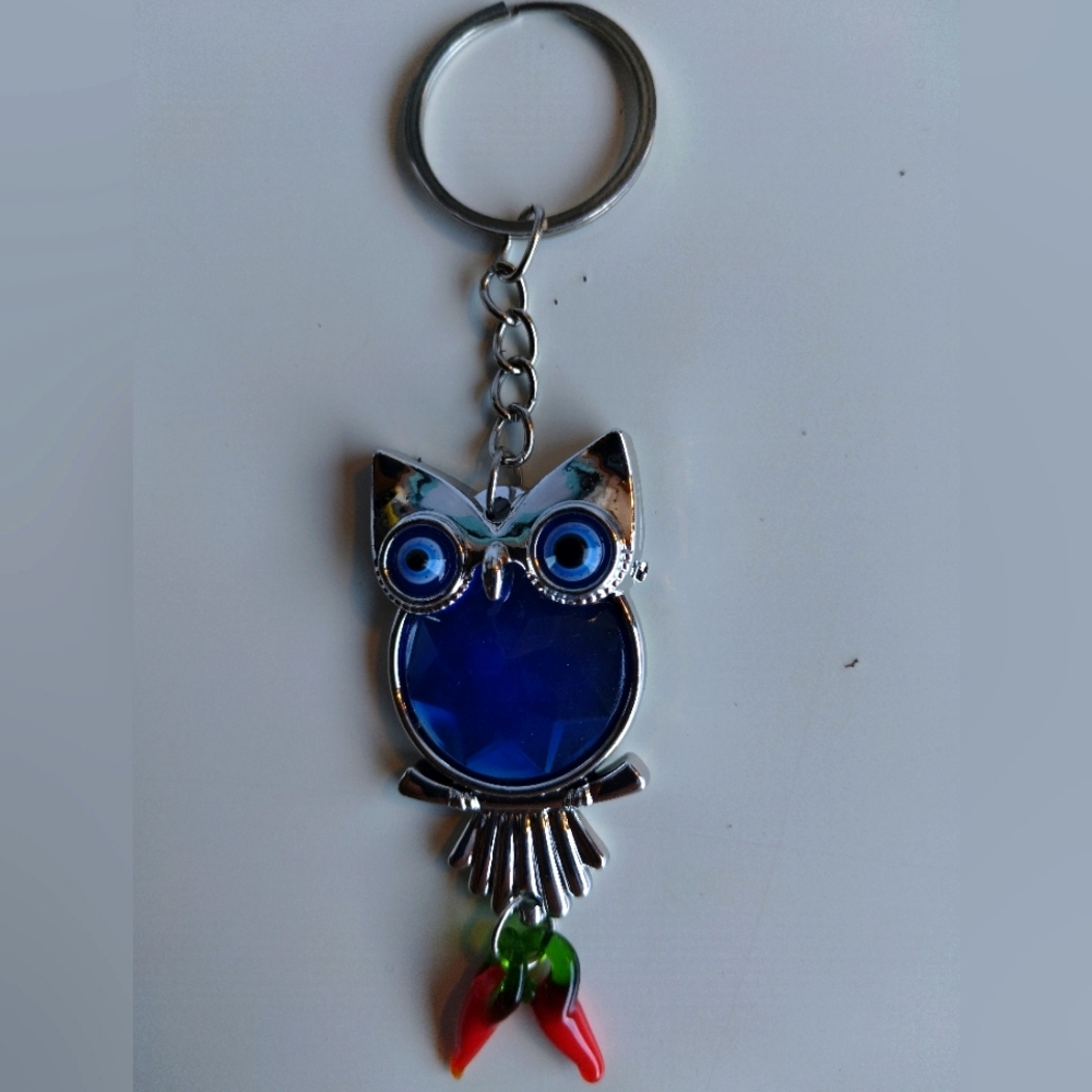 Owl Keychain with Blue and Silver Accents